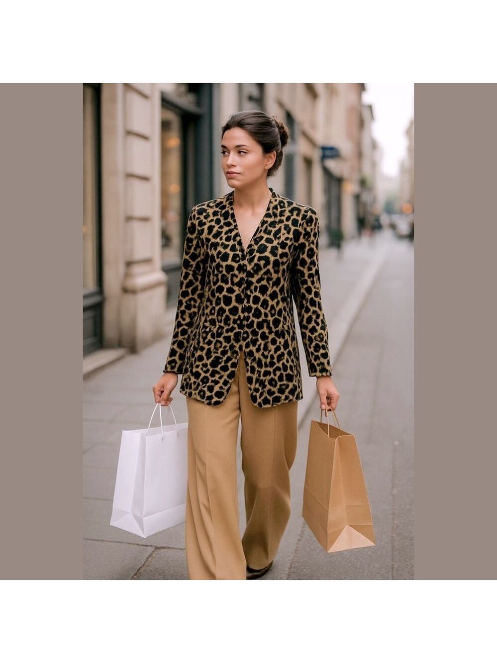 80s LEE WINTER LEOPARD PRINT BLACK & TAN OVERSIZED ONE BUTTON JACKET W POCKETS L